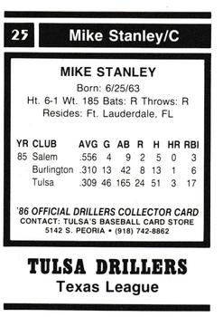 1986 Tulsa Drillers #25 Mike Stanley Back