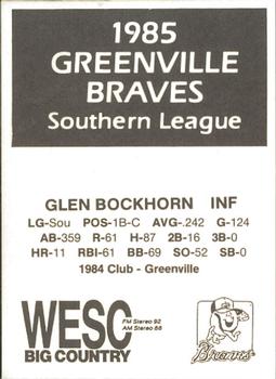 1985 WESC Greenville Braves #NNO Glen Bockhorn Back