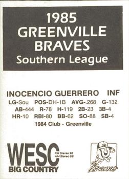 1985 WESC Greenville Braves #NNO Inocencio Guerrero Back
