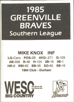 1985 WESC Greenville Braves #NNO Mike Knox Back