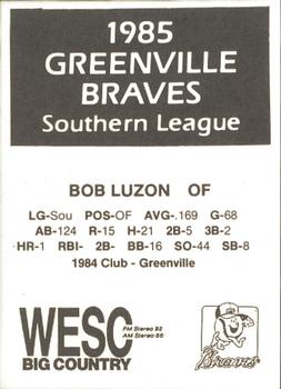 1985 WESC Greenville Braves #NNO Bob Luzon Back