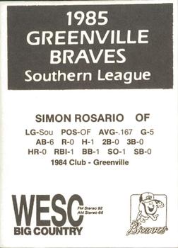 1985 WESC Greenville Braves #NNO Simon Rosario Back