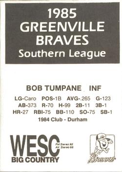 1985 WESC Greenville Braves #NNO Bob Tumpane Back