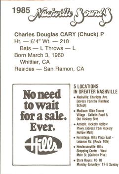 1985 Hills Nashville Sounds #NNO Chuck Cary Back