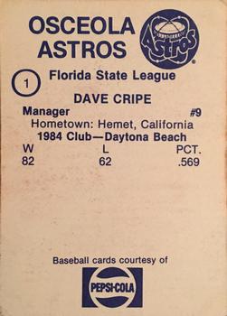 1985 Osceola Astros #1 Dave Cripe Back