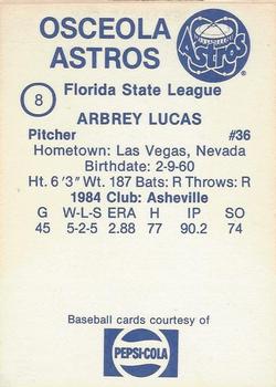 1985 Osceola Astros #8 Arbrey Lucas Back