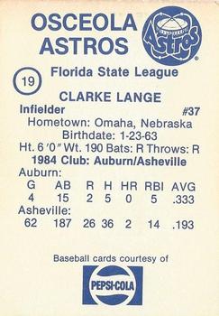 1985 Osceola Astros #19 Clarke Lange Back