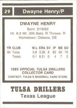 1985 Tulsa Drillers #NNO Dwayne Henry Back