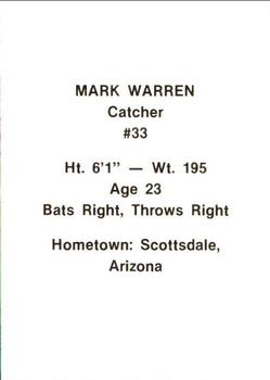 1984 Idaho Falls A's #29 Mark Warren Back