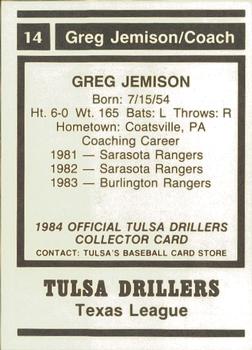 1984 Tulsa Drillers #NNO Greg Jemison Back