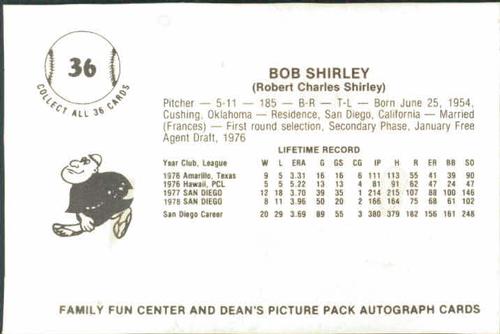 1979 Family Fun Center Dean's Photo San Diego Padres #36 Bob Shirley Back