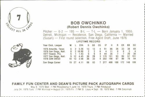 1979 Family Fun Center Dean's Photo San Diego Padres #7 Bob Owchinko Back