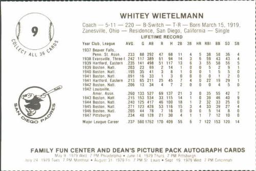 1979 Family Fun Center Dean's Photo San Diego Padres #9 Whitey Wietelmann Back
