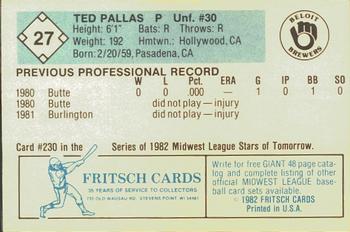 1982 Fritsch Beloit Brewers #27 Ted Pallas Back