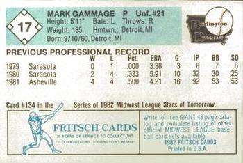 1982 Fritsch Burlington Rangers #17 Mark Gammage Back