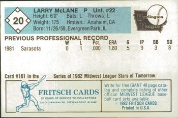 1982 Fritsch Burlington Rangers #20 Larry McLane Back