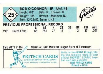 1982 Fritsch Clinton Giants #25 Bob O'Connor Back