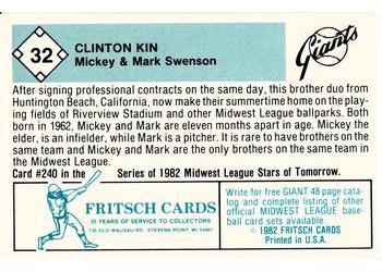 1982 Fritsch Clinton Giants #32 Mickey Swenson / Mark Swenson Back