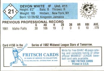 1982 Fritsch Danville Suns #21 Devon White Back