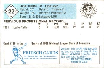 1982 Fritsch Danville Suns #22 Joe King Back