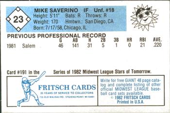 1982 Fritsch Danville Suns #23 Mike Saverino Back