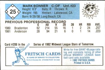 1982 Fritsch Danville Suns #25 Mark Bonner Back