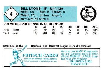 1982 Fritsch Springfield Cardinals #4 Bill Lyons Back