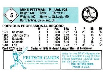 1982 Fritsch Springfield Cardinals #5 Mike Pittman Back