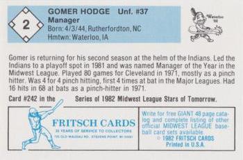 1982 Fritsch Waterloo Indians #2B Gomer Hodge Back