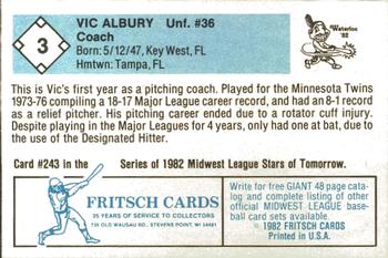 1982 Fritsch Waterloo Indians #3 Vic Albury Back