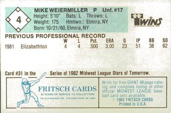 1982 Fritsch Wisconsin Rapids Twins #4 Mike Weiermiller Back