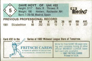1982 Fritsch Wisconsin Rapids Twins #5 Dave Hoyt Back