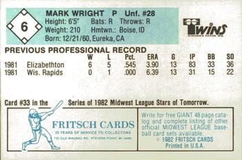 1982 Fritsch Wisconsin Rapids Twins #6 Mark Wright Back