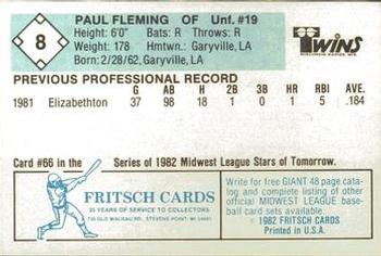 1982 Fritsch Wisconsin Rapids Twins #8 Paul Fleming Back