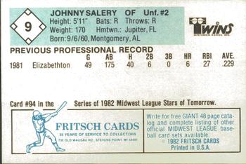 1982 Fritsch Wisconsin Rapids Twins #9 Johnny Salery Back