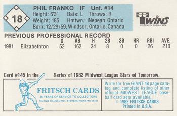 1982 Fritsch Wisconsin Rapids Twins #18 Phil Franko Back