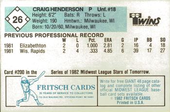 1982 Fritsch Wisconsin Rapids Twins #26 Craig Henderson Back