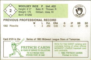1983 Fritsch Beloit Brewers #2 Woolsey Rice Back