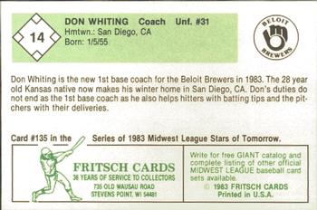 1983 Fritsch Beloit Brewers #14 Don Whiting Back