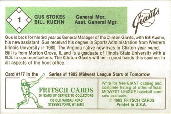 1983 Fritsch Clinton Giants #1 Gus Stokes / Bill Kuehn Back