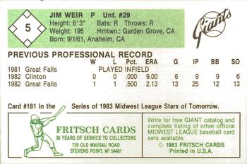 1983 Fritsch Clinton Giants #5 Jim Weir Back