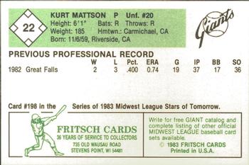 1983 Fritsch Clinton Giants #22 Kurt Mattson Back