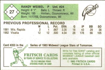 1983 Fritsch Clinton Giants #27 Randy Weibel Back