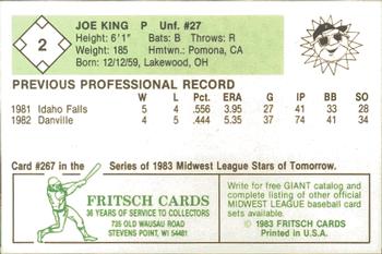 1983 Fritsch Peoria Suns #2 Joe King Back