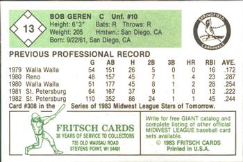 1983 Fritsch Springfield Cardinals #13 Bob Geren Back