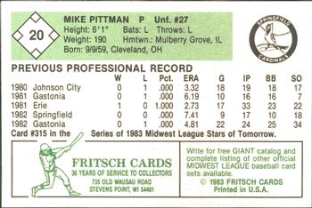 1983 Fritsch Springfield Cardinals #20 Mike Pittman Back