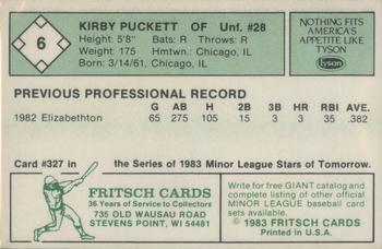 1983 Fritsch Visalia Oaks #6 Kirby Puckett Back