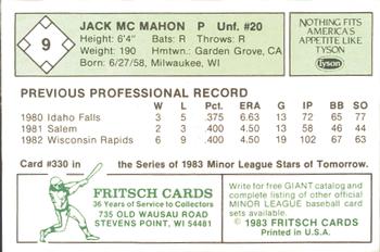 1983 Fritsch Visalia Oaks #9 Jack McMahon Back