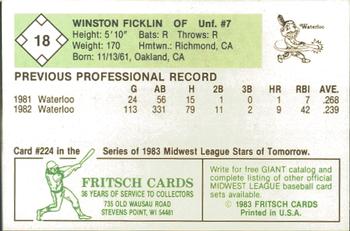 1983 Fritsch Waterloo Indians #18 Winston Ficklin Back