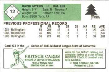 1983 Fritsch Wausau Timbers #12 David Myers Back